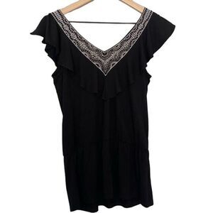 White House Black Market Small Embellished Black V Neck Flutter Sleeve Tank Top